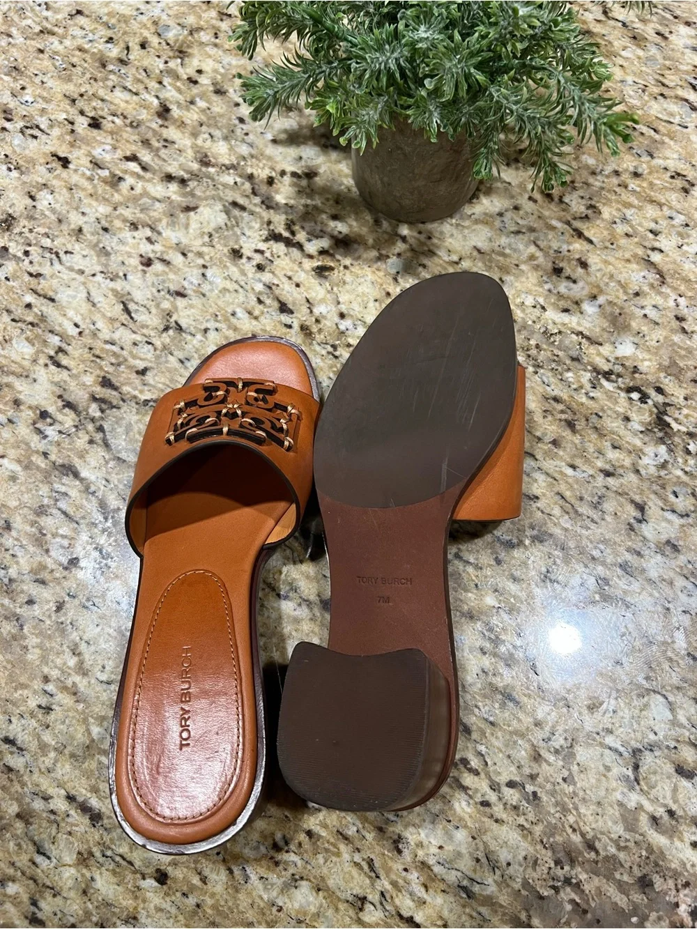 Tory Burch Ines Brown Leather Block Heel Mules 7M